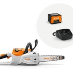 Motosega a batteria STIHL MSA 80 C-B vista laterale, batteria e caricabatteria