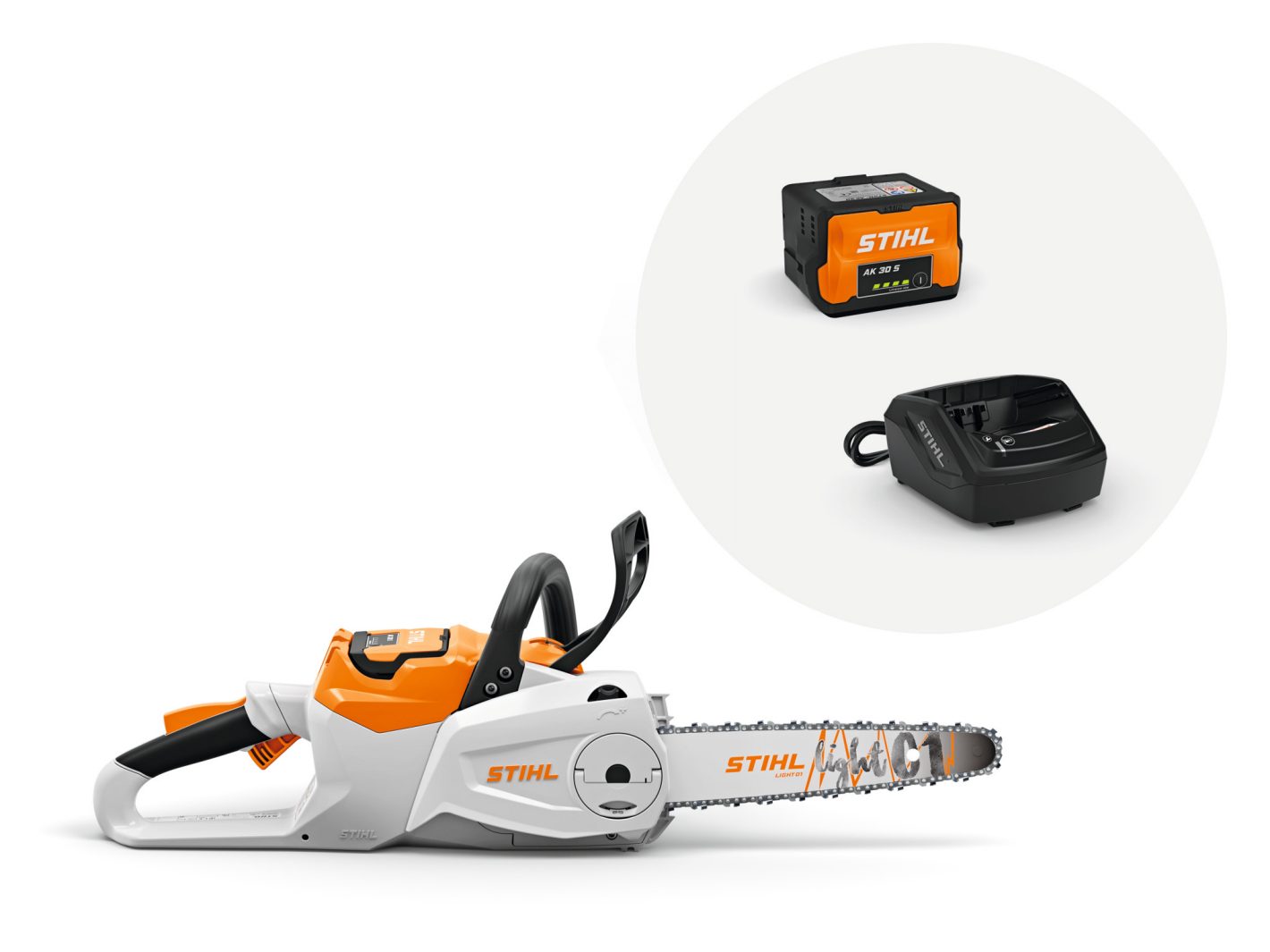 Motosega a batteria STIHL MSA 80 C-B vista laterale, batteria e caricabatteria